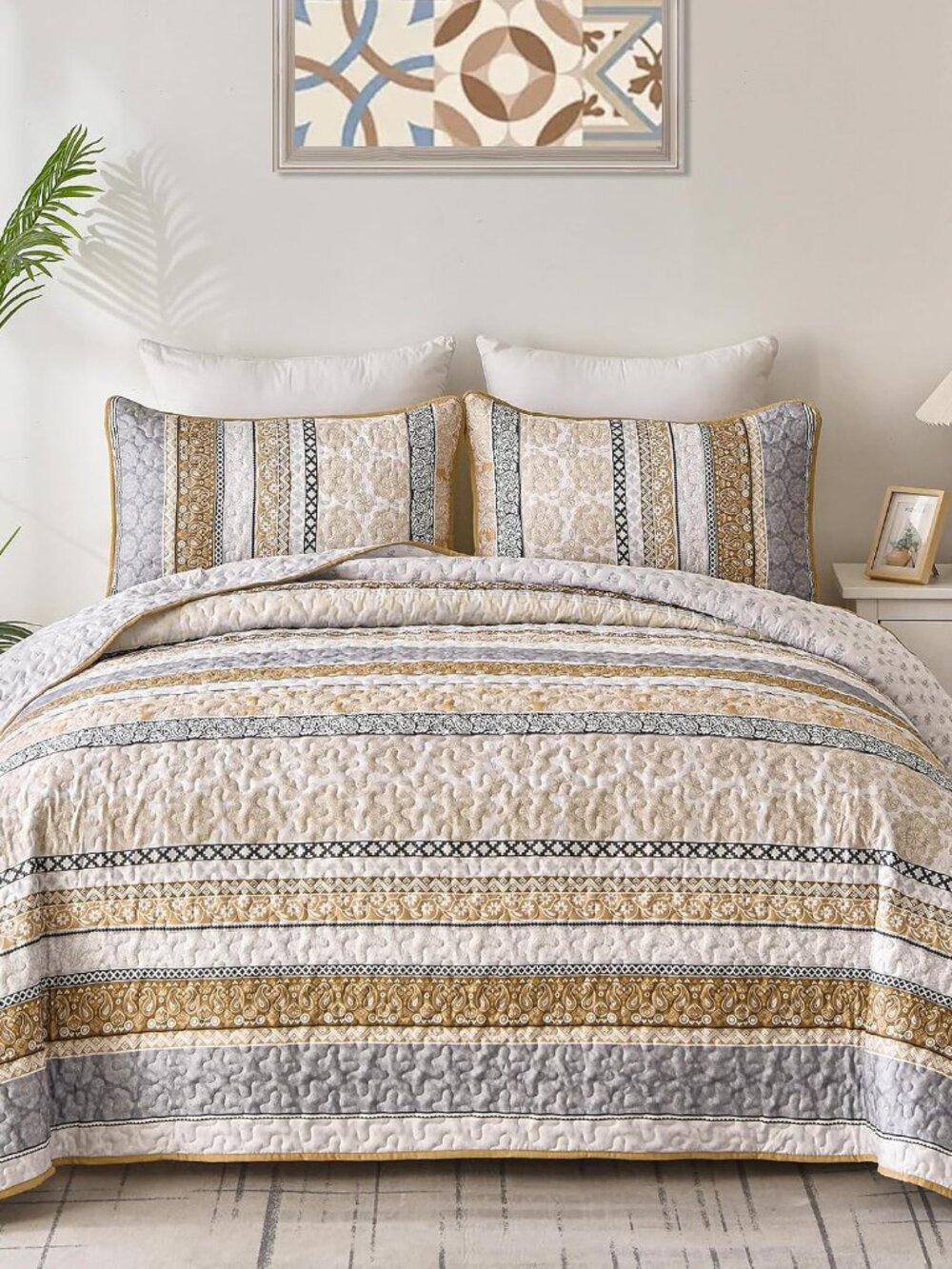 Boho Quilt Set Queen, 3 Pcs Brown Bedspread Covrtlet Set